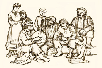 Pencil drawing. Man playing bandura