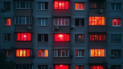 Post-Soviet Apartment Building with Glowing Colorful Windows at Night

