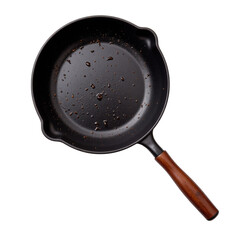 Distinct black cast iron skillet with wooden handle, showcasing seasoned surface for premium kitchen tool..