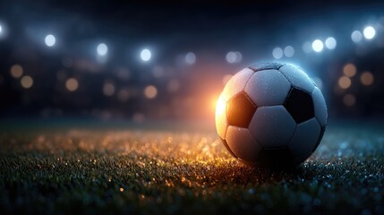 Naklejka premium Soccer ball on a field under stadium lights.