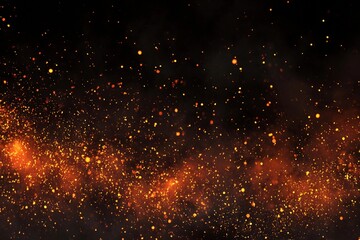 Vibrant orange sparks float against a deep black backdrop, creating a captivating visual display