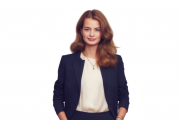 Confident young woman in dark blue blazer and beige blouse with gold necklace, isolated on transparent background