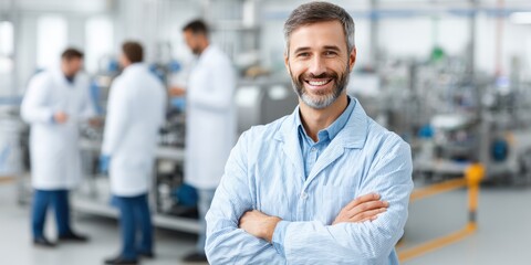 Fototapeta premium Smiling scientist in a lab coat stands confidently in a modern laboratory with colleagues working in the background.