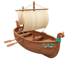 Charming 3D illustration of a miniature wooden sailing boat with whimsical details