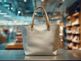 Luxurious canvas shopping bag mockup, products display presentation in shop.