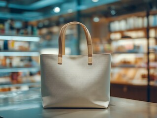 Luxurious canvas shopping bag mockup, products display presentation in shop.