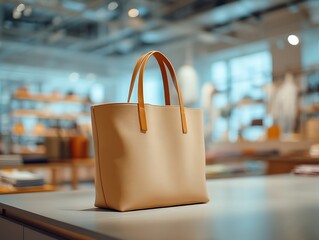 Luxurious canvas shopping bag mockup, products display presentation in shop.