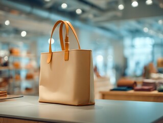 Luxurious canvas shopping bag mockup, products display presentation in shop.