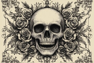 Fototapeta premium Intricate skull design surrounded by roses in artistic composition