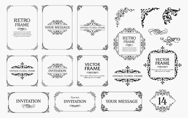 Design elements set, decorative flourish border corner and frame collection for invitation, menu and page decoration