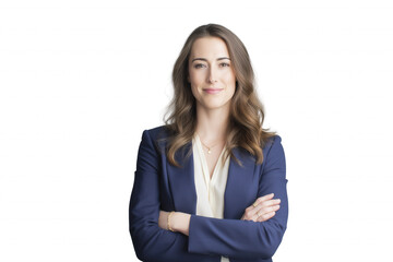 Confident woman in dark blue blazer and light blouse with long wavy brown hair, isolated on transparent background