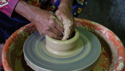 Fototapeta premium A skilled artisan carefully shapes a clay vase on a spinning pottery wheel, showcasing the delicate balance between creativity, craftsmanship, and focused hand coordination. 