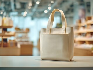 Luxurious canvas shopping bag mockup, products display presentation in shop.