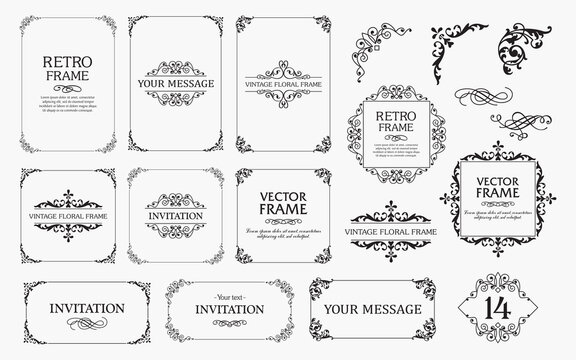 Naklejki Design elements set, decorative flourish border corner and frame collection for invitation, menu and page decoration