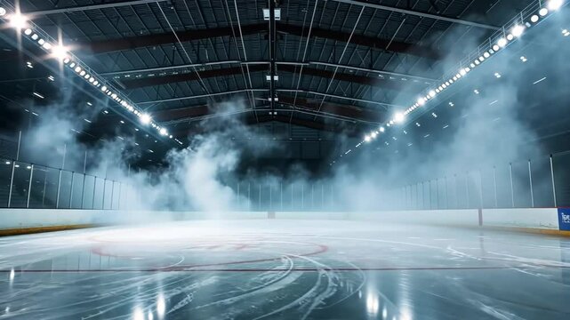 An empty ice hockey rink with a smooth, reflective surface. Bright lights illuminate the arena, creating a dramatic atmosphere with fog effects.