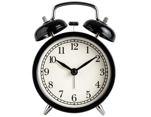 A vibrant black alarm clock with shiny metal bells and classic analog face, concept of time pressure and early morning wake-up, isolated on a transparent background.