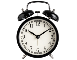 A vibrant black alarm clock with shiny metal bells and classic analog face, concept of time pressure and early morning wake-up, isolated on a transparent background.