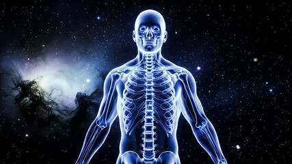 Glowing Blue Human Skeleton Standing Against a Cosmic Nebula Background Filled with Stars Perfect for Educational Decoration and Symbolizing Life Science and The Universe - Powered by Adobe