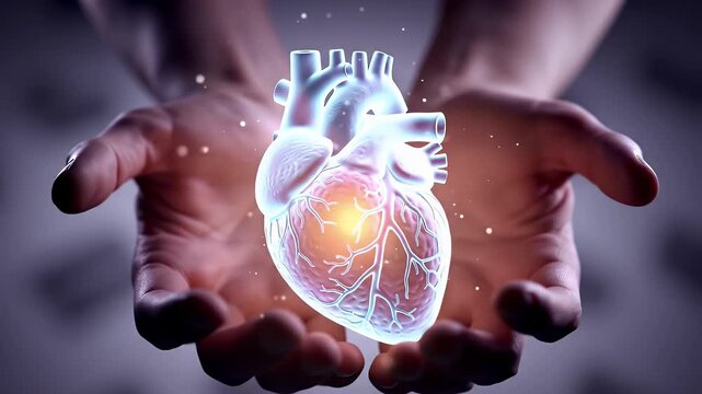 Glowing Holographic Heart Held in Gentle Hands Symbolizing Medical Innovation and Human Care
