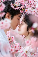 A couple stands close together, faces nearly touching, surrounded by blooming cherry blossom trees. Their serene expressions capture a moment of intimacy in a beautiful spring setting