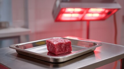 Meat Under Infrared Light: A scientific and modern presentation of a raw meat specimen illuminated by an infrared lamp, highlighting the intersection of science and the culinary arts.