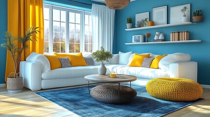 A modern and stylish living room is brightly illuminated by sunlight