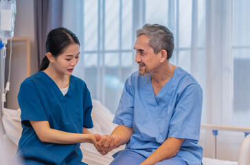 Fototapeta premium portrait senior man patient talking with a nurse while taking physical examination for monitoring symptoms of ill patient