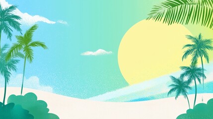 A flat-style illustration of the tropical beach landscape with a soft gradation sky, a large sun, palm trees, and a wide white sand beach.