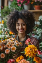 A florist with curly hair smiles warmly while arranging a variety of colorful flowers in a flower shop. The shop is filled with lush blooms and a cheerful atmosphere during daylight hours