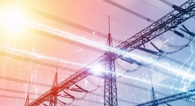 High voltage electrical substation and power lines transmitting electricity. Concept of electric power grid, energy distribution, and telecommunication network.