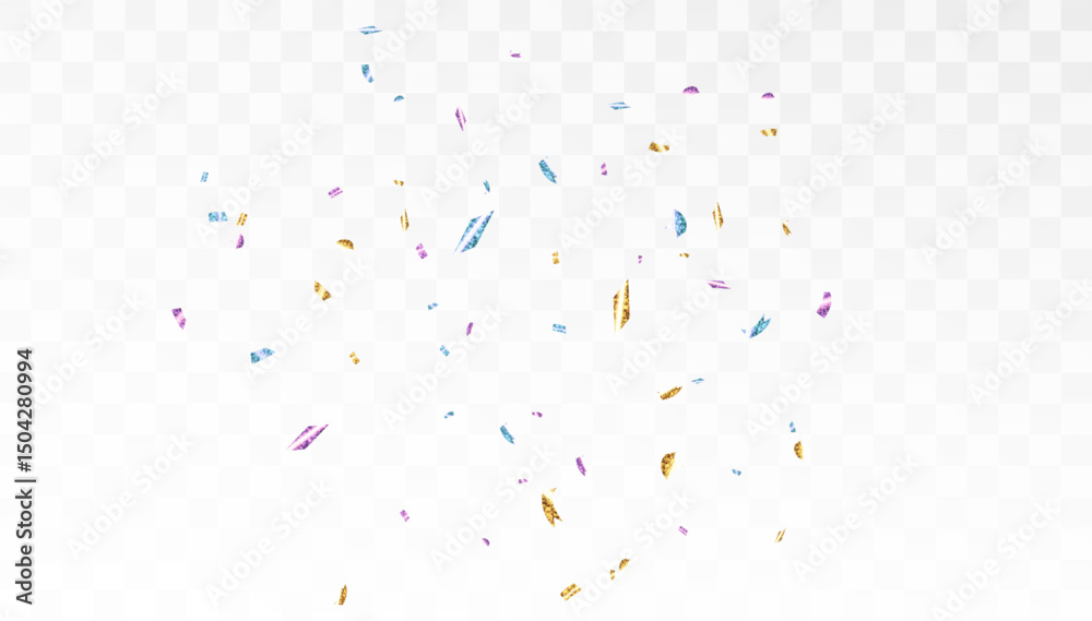 Poster falling shiny confetti particles with bright colorful glow on transparent background. element for fe