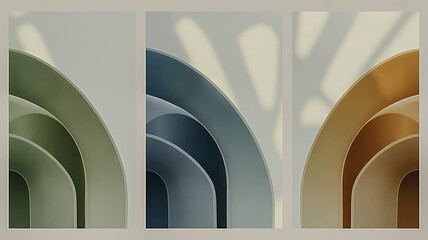 Abstract Arc Wall Art: A set of three elegant wall art panels, each featuring a series of layered, arched forms in muted, natural tones, offering a minimalist and stylish aesthetic.