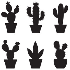 Collection of Black and White Cactus Silhouettes icons, Different Cactus Plants in Pots Line Art Illustrations