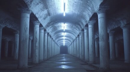 Long, dimly lit, underground tunnel with massive pillars