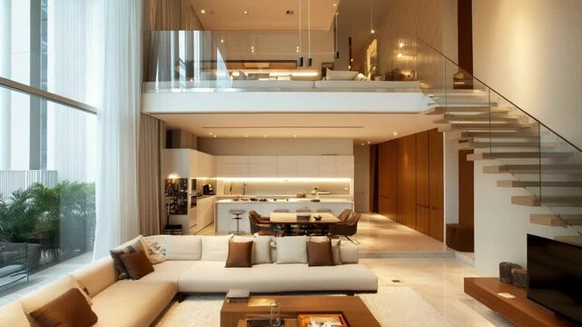 Modern duplex apartment living room, city view