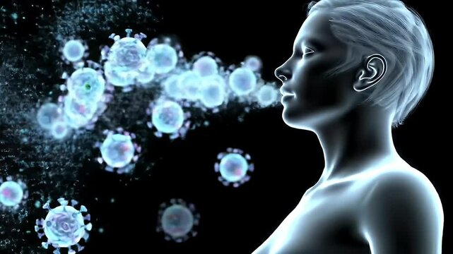 Side Profile Illustration of Light Skinned Human Exhaling Viruses and Blue Liquid on Black Background Concept of Spreading desease