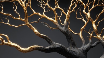 Detailed close-up of a gold-leafed, intricate tree branch structure.