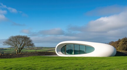 Modern, minimalist, curvaceous building, nestled in a rural landscape