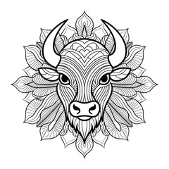 A black and white mandala bison head design illustration line art of a coloring page 