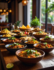 Obraz premium An inviting wooden table is beautifully arranged with a colorful variety of freshly prepared Mexican dishes, garnished with herbs and surrounded by warm, ambient restaurant lighting.