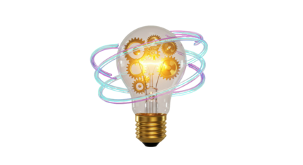 Lightbulb with gears surrounded by glowing rings