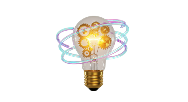 Lightbulb with gears surrounded by glowing rings
