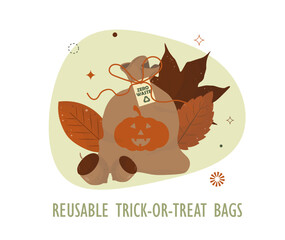 Eco-Friendly Reusable Halloween Trick-or-Treat Bags. Sustainable cloth trick-or-treat bag with pumpkin design. Zero waste Halloween celebration and environmental consciousness. Vector illustration