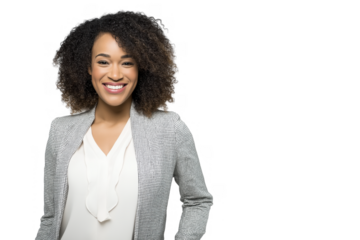 Confident woman with curly dark hair in gray blazer and white blouse, isolated on transparent background
