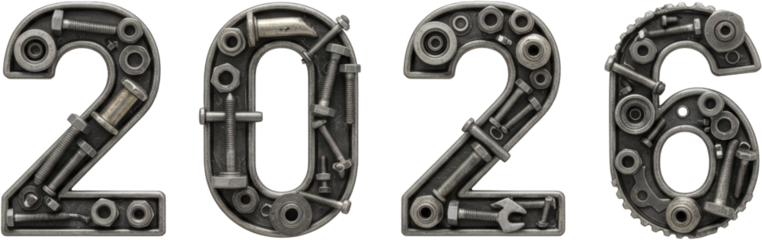 2026 Year Number Design Made of Metal Parts Bolts Nuts Industrial Theme