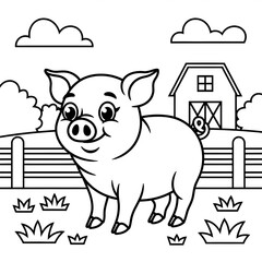 A black and white pig illustration line art of a coloring page 