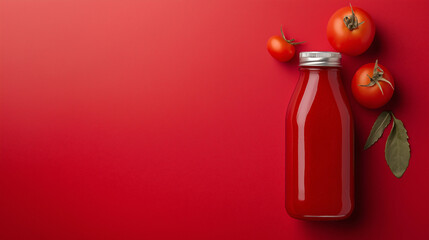 Obraz premium A small glass bottle filled with rich red ketchup placed on a red background atop a clean table surface, highlighting its smooth texture and glossy finish. 