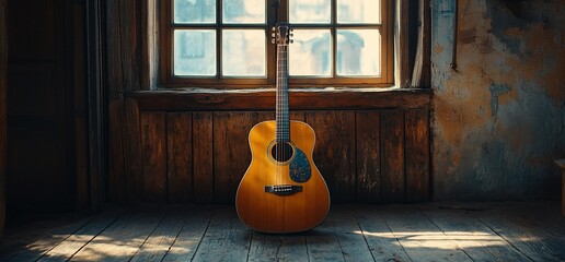 Acoustic guitar serenades an old wooden cabin bathed in soft light by the window