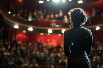 A motivational business speaker on stage at a TED Talk event.