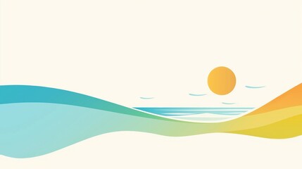 Minimalistic and modern beach illustration composed of abstract curves representing waves and hills, alongside a round sun.